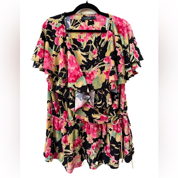 Lauren Ralph Lauren Black Label Floral Ruffle-Trim Top Black Multi - Picture 4 of 7